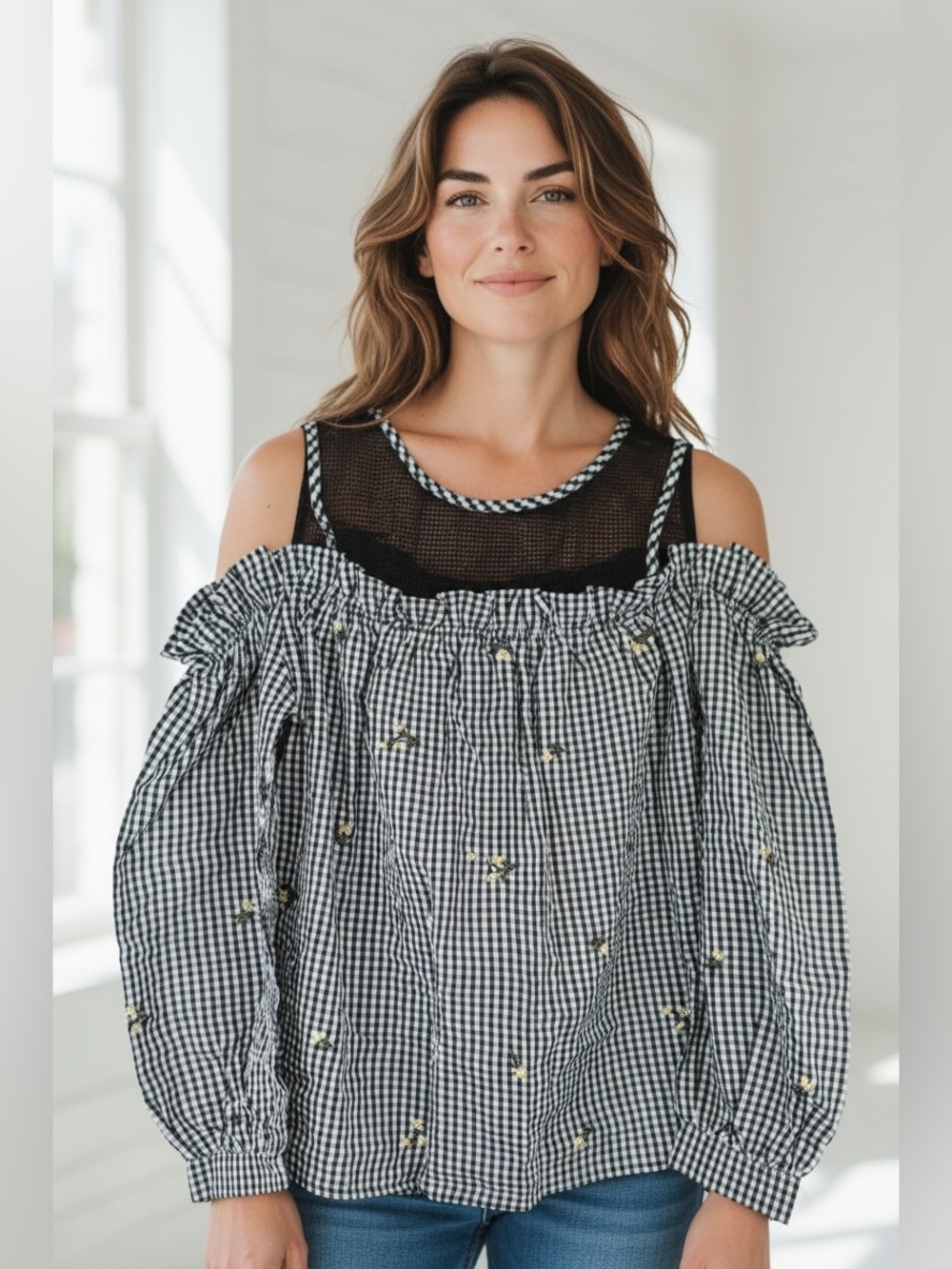 Max Sport Gingham Mesh Cold Shoulder Women’s Blouse Size Medium NWT